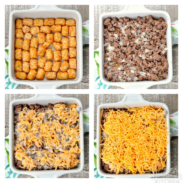 Collage of steps to make tater tot casserole