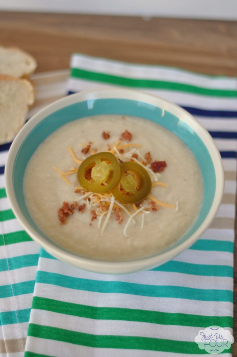 Gluten Free Loaded Cauliflower Soup | Just Us Four #recipes #soup #glutenfree
