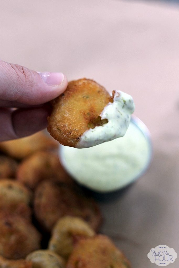 Cilantro Lime Dip on Fried Spicy Pickle