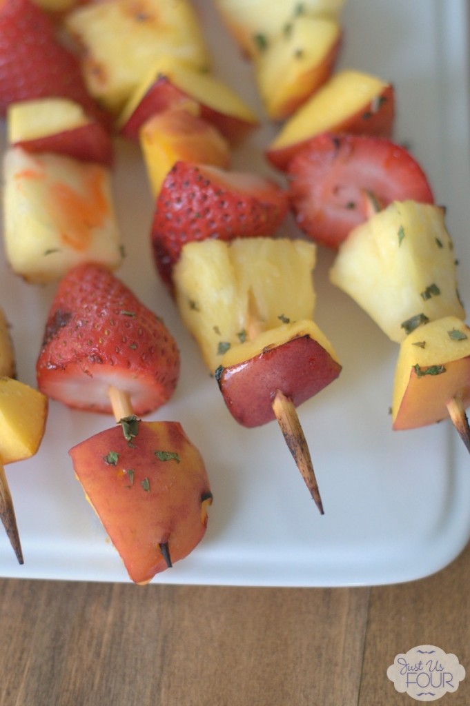 Grilled fruit kabobs are one of my favorite summer desserts! The citrus mint glaze on these make them even more delicious.