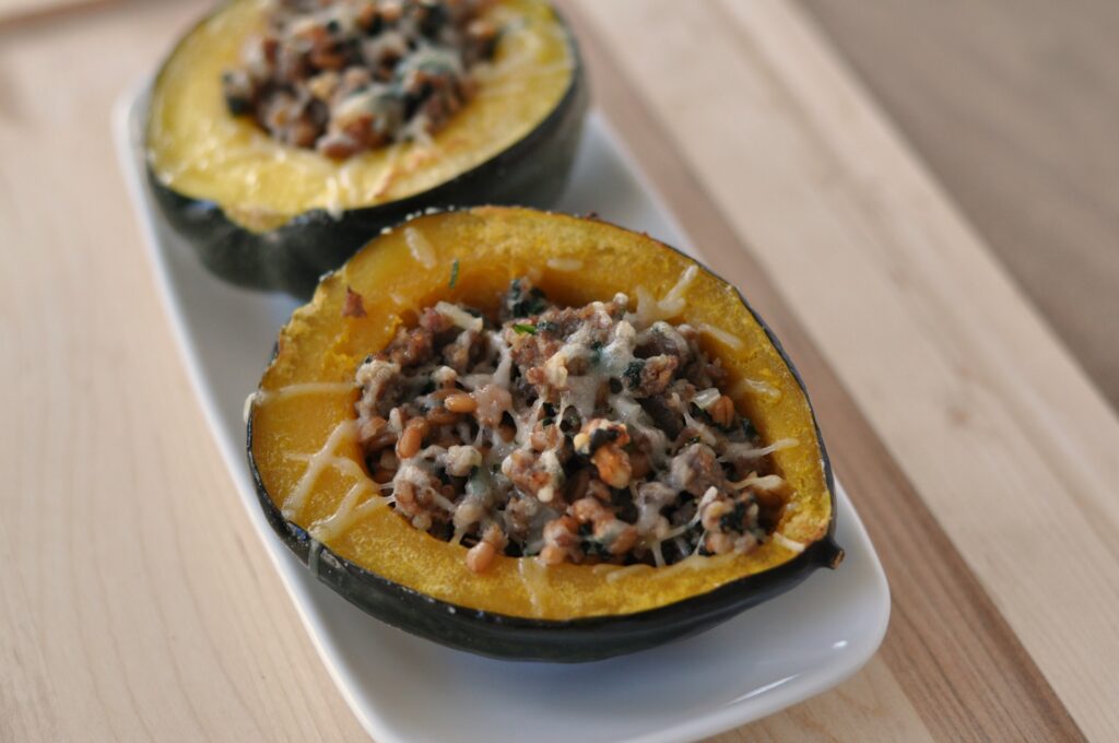 Sausage and Spelt Stuffed Acorn Squash