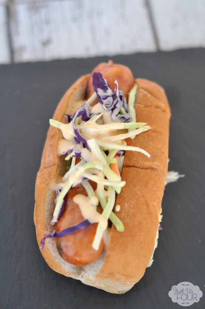 This may be my new favorite sausage topping: cabbage slaw and yum yum sauce! #StartYourGrill #shop