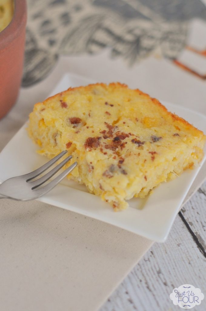 Corn pudding jazzed up with candied cayenne bacon