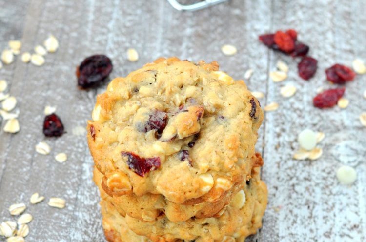 Photo of stack of white chocolate oatmeal cranberry cookies