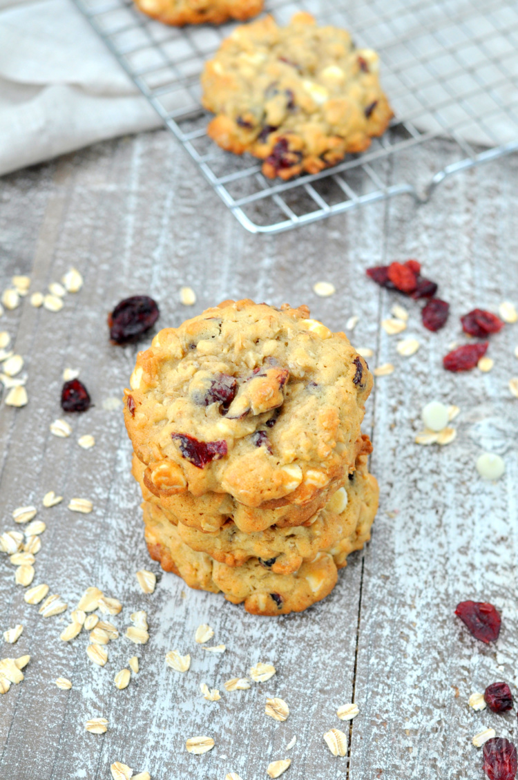 Photo of stack of white chocolate oatmeal cranberry cookies