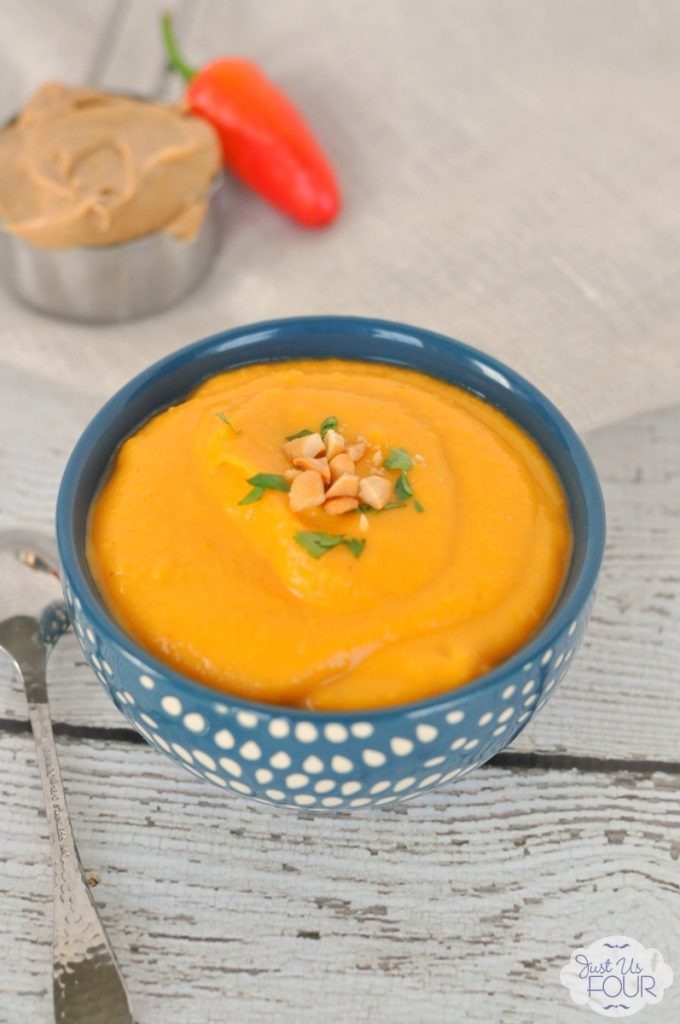 Warm up with this delicious Thai sweet potato soup featuring peanut butter for added flavor.