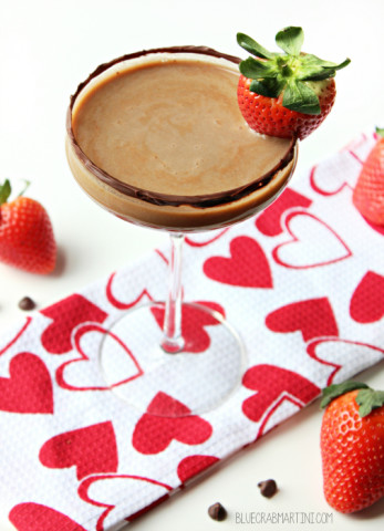 Shake up one of these Chocolate Covered Strawberry Martinis for Valentine's Day! #ValentinesDay #martini #cocktail | BlueCrabMartini.com
