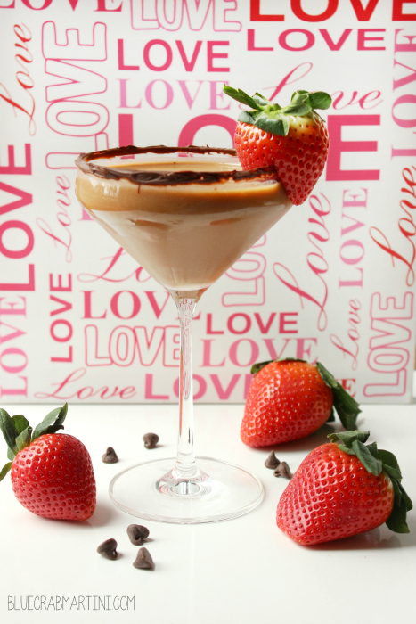 Shake up one of these Chocolate Covered Strawberry Martinis for Valentine's Day! #ValentinesDay #martini #cocktail | BlueCrabMartini.com