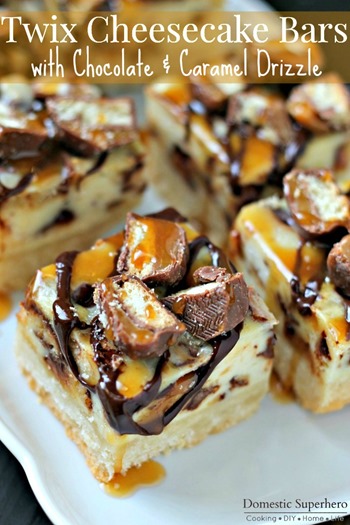 Twix Cheesecake Bars with Chocolate & Caramel Drizzle 5