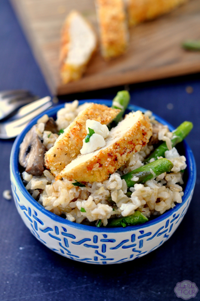 Crispy Chicken with Asparagus Goat Cheese Rice