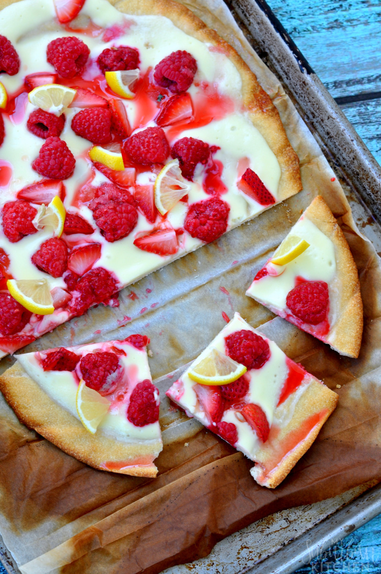 Mixed Berry Cheesecake Pizza {My Suburban Kitchen} on a baking sheet
