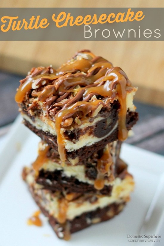 Turtle Cheesecake Brownies - Decadent brownies topped with a cheesecake layer, more brownies, pecans, ooey-gooey caramel, and chocolate drizzle. These are the BEST cheesecake brownie bars EVER!