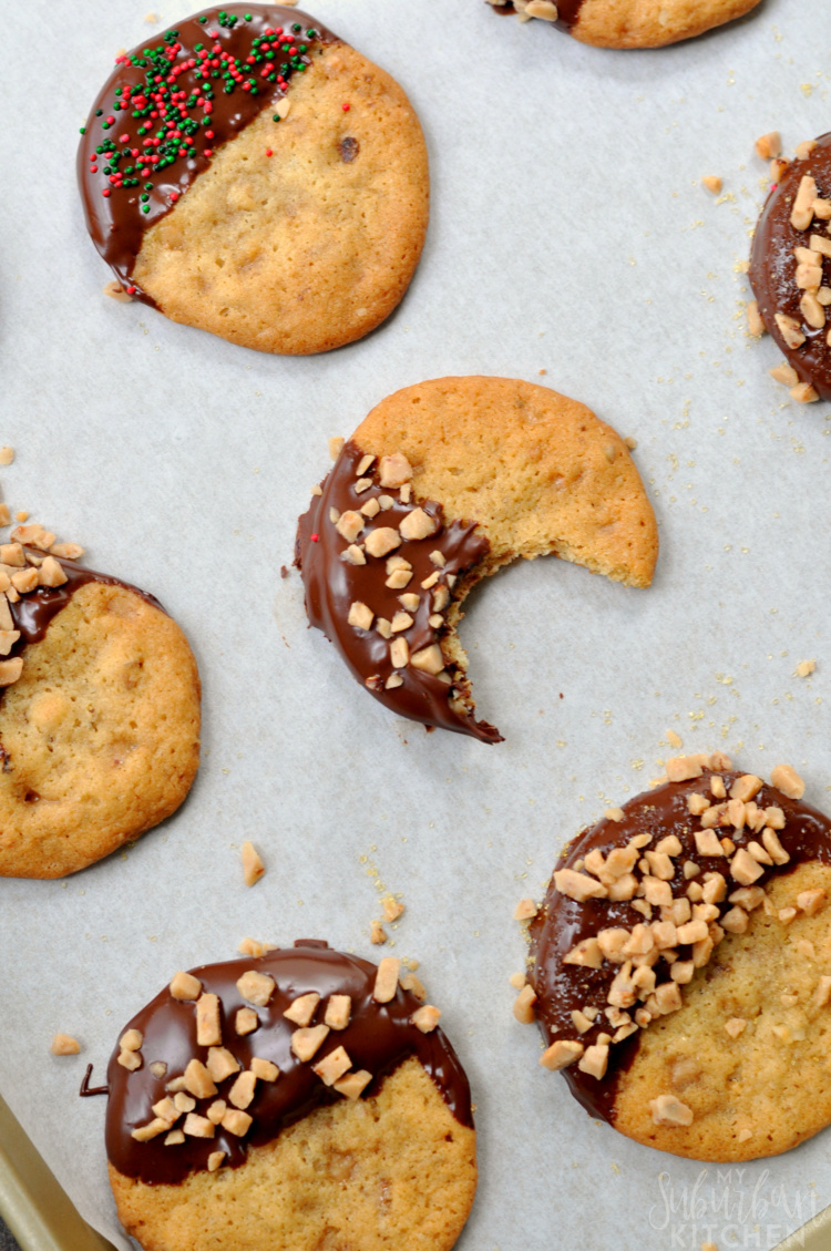 Delicious Chocolate Dipped Toffee Walnut Cookies