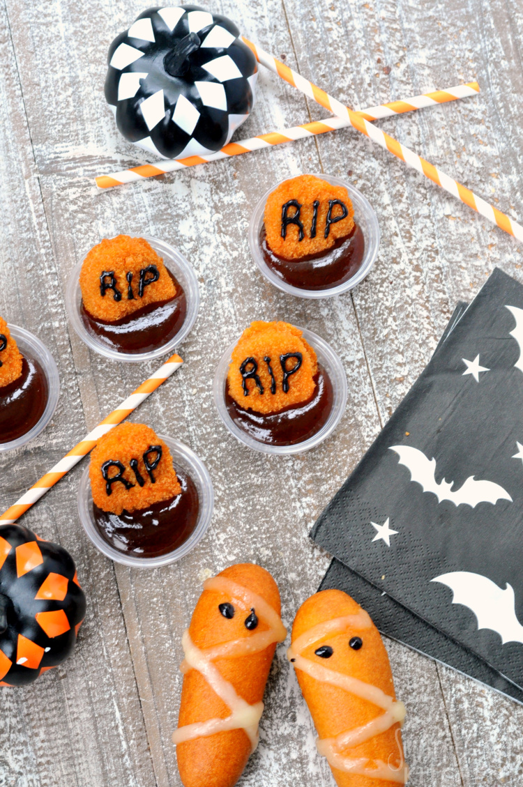 Halloween Party Treats - Mummy Corn Dogs and Nugget Graveyards