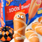 Up close photo of mummy corn dog