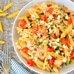 Overhead photo of bowl of One Pot Taco Chicken Alfredo Pasta