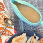 Overhead photo of turkey gravy and sliced turkey