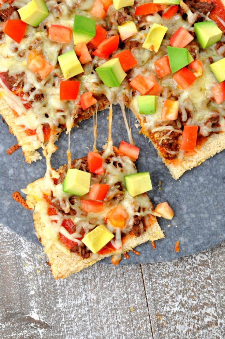 Overhead photo of mexican pizza on cauliflower pizza crust