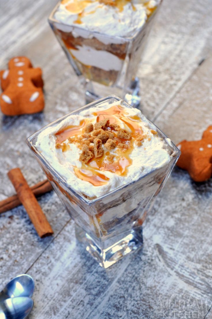 Gingerbread Cheesecake Trifle in glass with cinnamon sticks