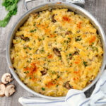 Overhead photo of Chicken Marsala Casserole in pan