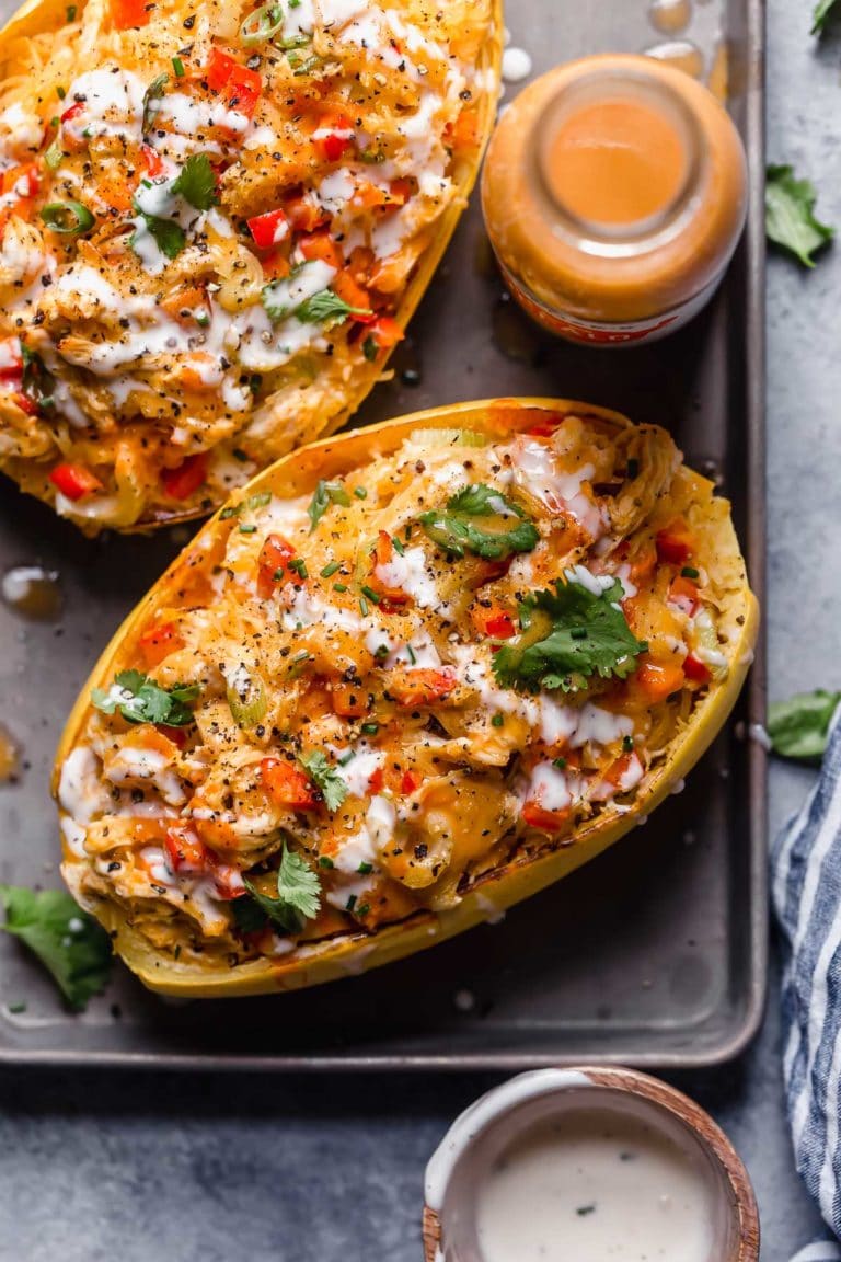 Buffalo Chicken Stuffed Spaghetti Squash from The Real Food Dietitians