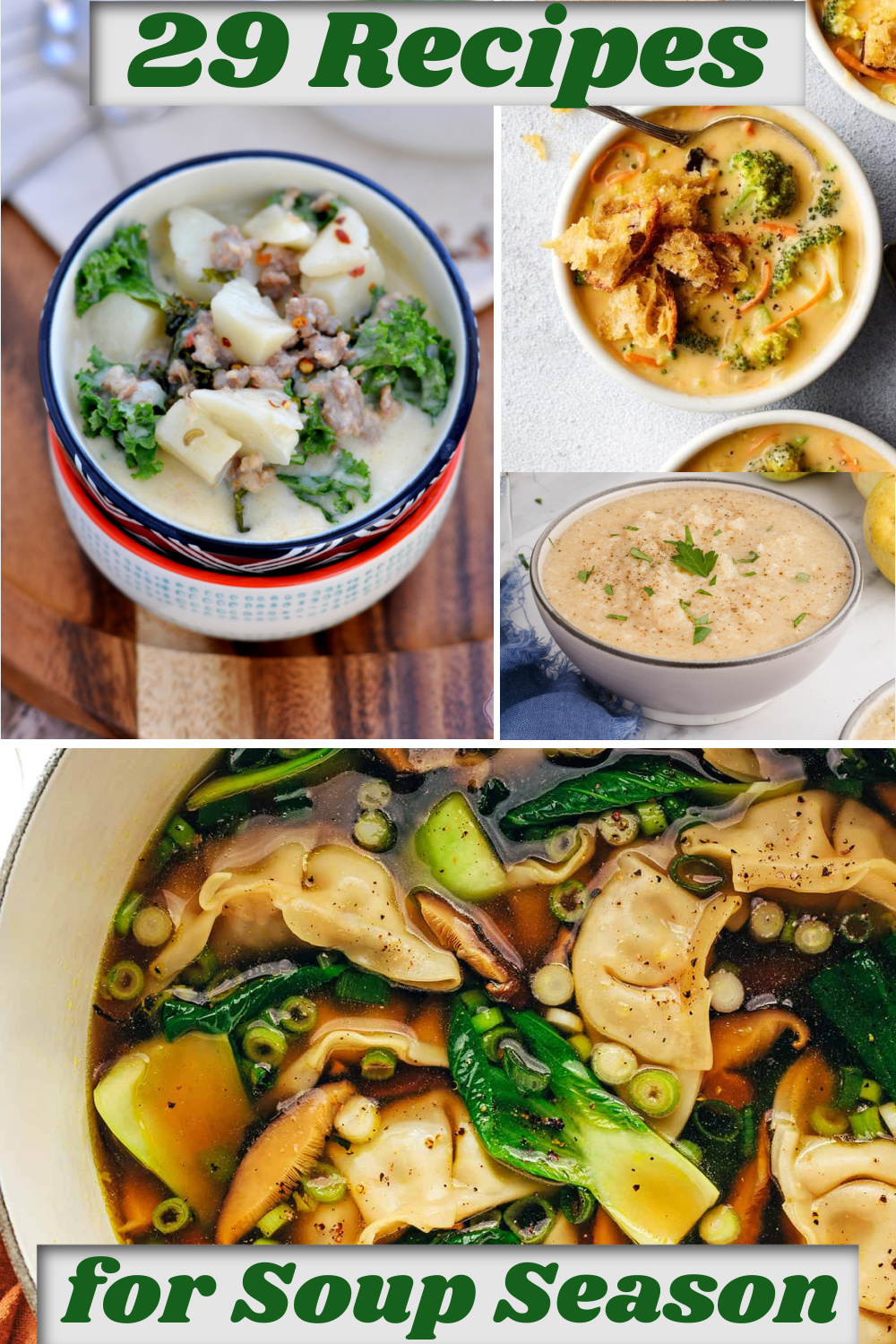 Multiple photos of soup recipes with title