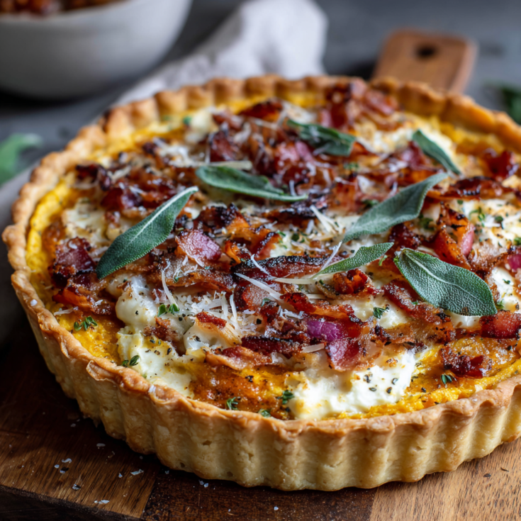Image for Pumpkin, Ricotta & Caramelized Onion Tart with Bacon and Sage