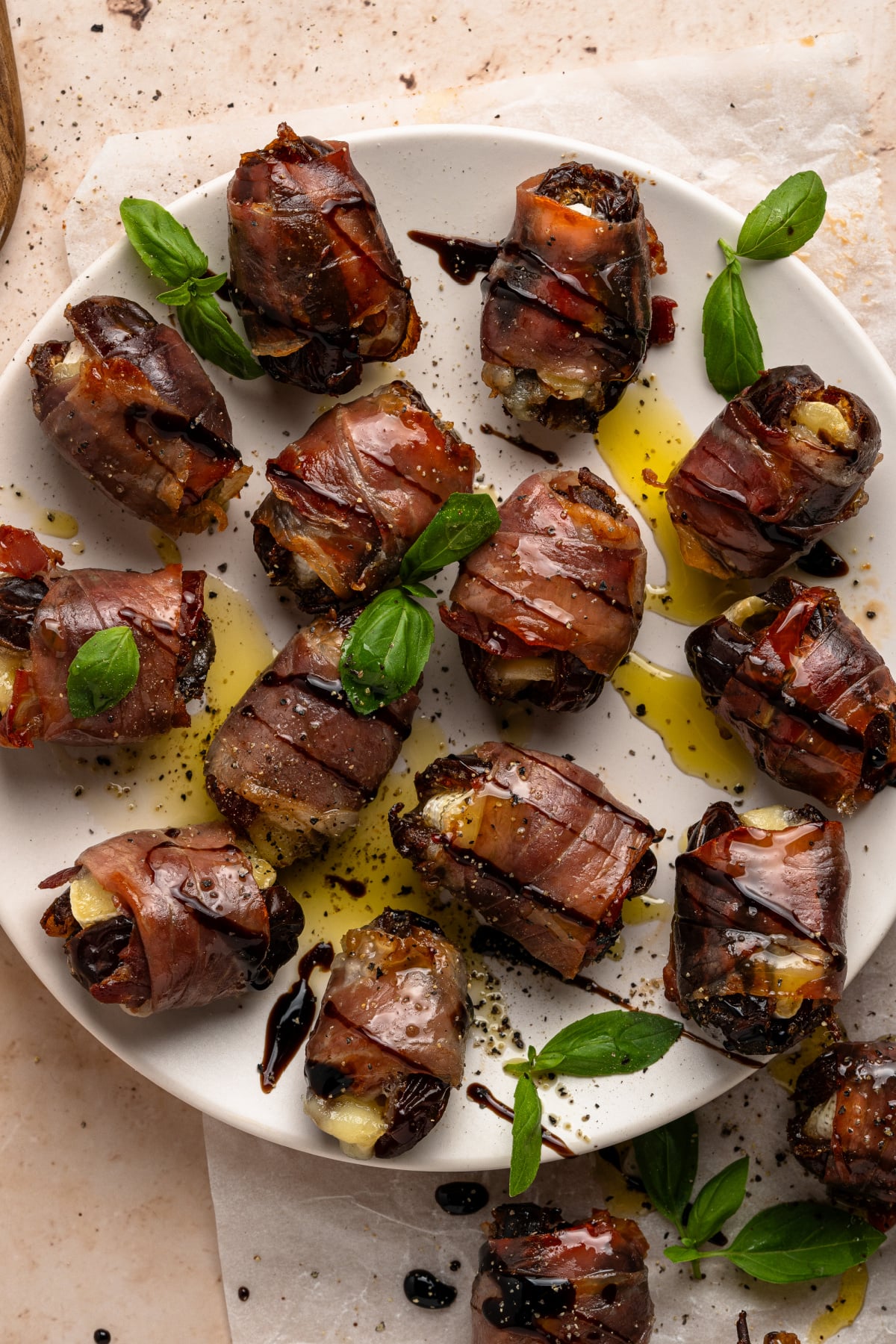 Prosciutto Wrapped Dates on Plate