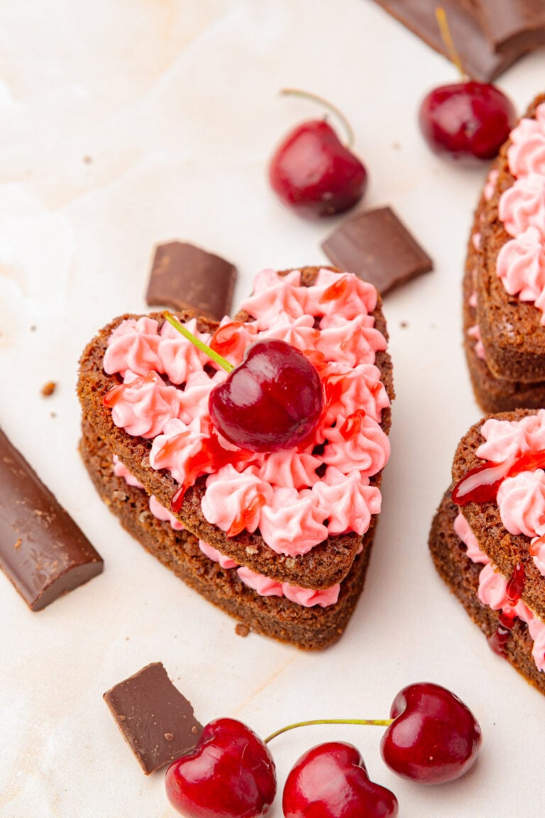 Heart-Shaped Chocolate Mini Cakes with Cherry Buttercream