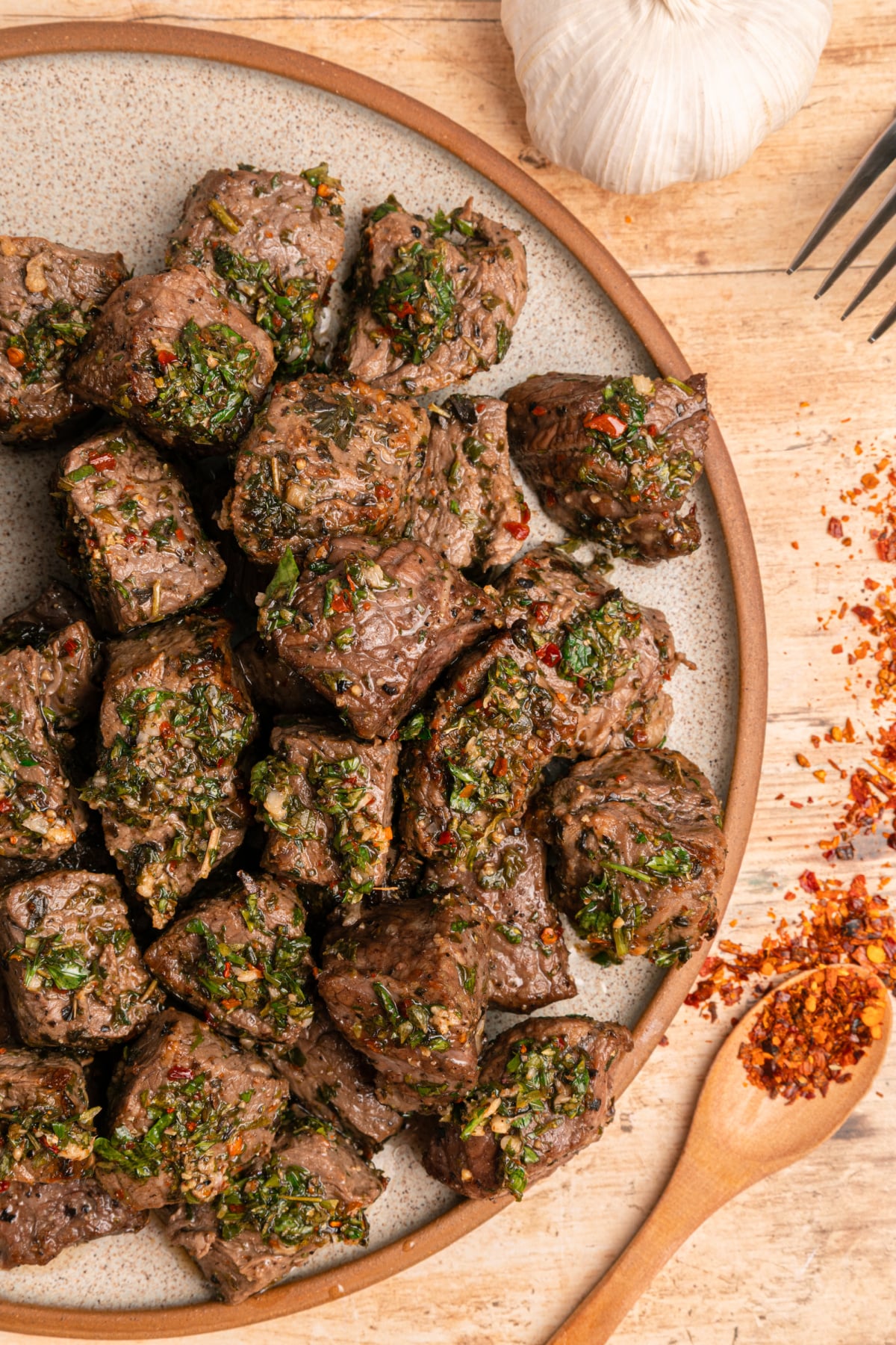 Air Fryer steak bites with chimichurri